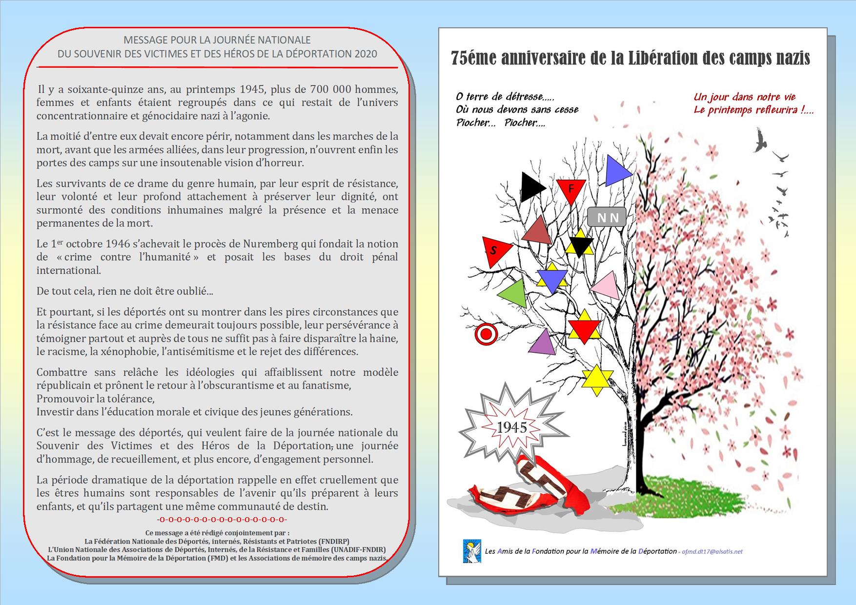 Message des Déportés de la Journée Nationale du Souvenir des Victimes et des Héros de la Déportation Texte et Affiche du Message des Déportés de la Journée Nationale du Souvenir des Victimes et des Héros de la Déportation